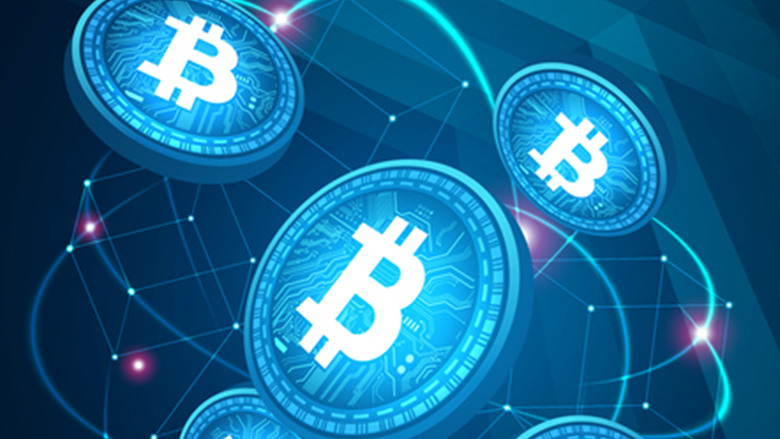 bitcoin graphics on dark blue background